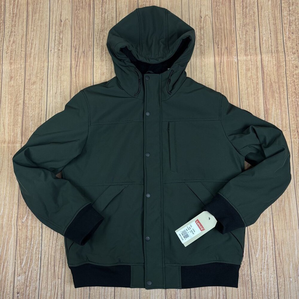 Levis Mens Olive Hooded Puffer Jacket With Sherpa Lining Size Large.